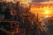 Historic Ancient town sunset. Famous city island. Generate Ai