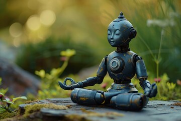 Poster - Serene Robot android meditating. Sexy ai. Generate Ai