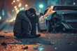 A desperate man sits on the asphalt against the background of a crashed car, the motive of driving under the influence of alcohol and causing an accident
