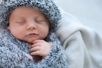 Poster - Cute newborn baby sleeping on plaid, top view