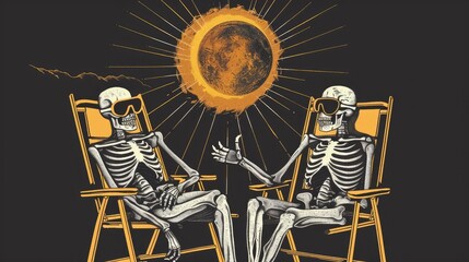 Two skeletons sitting in lawn chairs watching a total solar eclipse