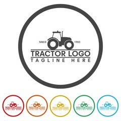 Poster - Tractor logo icon. Set icons in color circle buttons