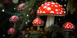 Fly agaric red mushroom in forest. Three toadstools fairy background. Autumn forest backdrop.