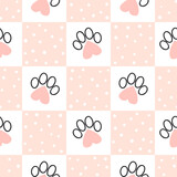 Fototapeta Dinusie - Seamless cat paws pattern with hearts. Textile, fabric design