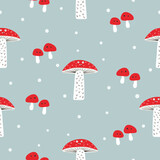 Fototapeta  - Cartoon mushrooms with eyes seamless pattern. Funny vector print