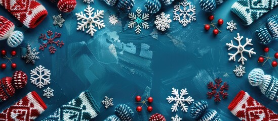 Sticker - A detailed shot of a background in blue color featuring delicate snowflakes and vibrant red berries