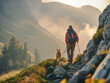 A hiker, a young man and his dog, hiking in beautiful rocky European Alps mountain landscape with a trekking backpack. A man hiking in the sunrise time.