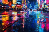 Fototapeta Nowy Jork - Urban Reflections, Abstract Oil Painting of Rainy City Street with Puddles Reflecting Neon Lights