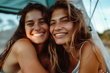 Sunlit smiles and close friendship, two women sharing a carefree summer moment