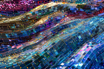 Poster - A digital mosaic--waves of tiny squares form an abstract tapestry. Each pixel holds a secret--coded messages, hidden algorithms, and encrypted memories.
