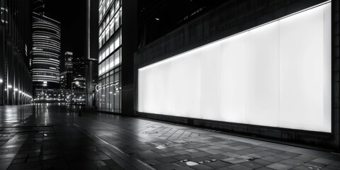 Wall Mural - A large white blank wall with lights on the city street at night, illuminated by bright lights The wall is clean and empty for advertising or product display Generative AI