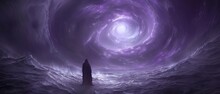  Purple Lighthouse In Dark Ocean, Illuminated By Top Light
