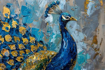 Vibrant peacock with retro golden brushstrokes and textured blue and gray background, modern art for wall decor - oil painting on canvas