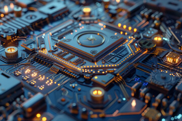 Poster - A processor with a blue and gold design and a quantum system on it