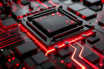 Poster - A processor with a red and black design and a liquid cooling system on it