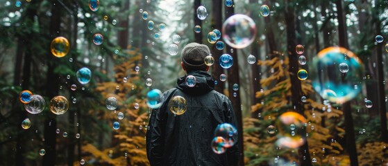  A man amidst forest, various sized, shaped bubbles on sunny day