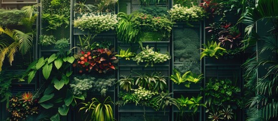 Wall Mural - Capture of a variety of plants arranged closely on a vertical surface, creating a lush and vibrant wall of greenery