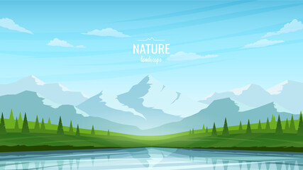 Wall Mural - a beautiful summer landscape. green meadows, hills, trees near a scenic lake. mountains against the 