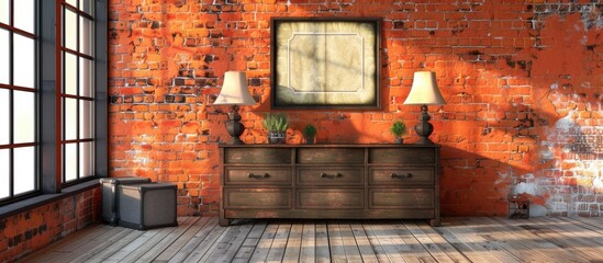 Wall Mural - A vintage room featuring a weathered brick wall and a wooden dresser, showcasing a nostalgic ambiance