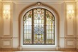 Classic Elegance: Arched Window with Intricate Grills and Stained Glass Accents