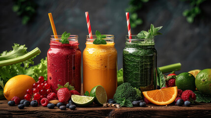 Trio of colorful fruit smoothies garnished with fresh berries, displayed on a rustic wooden table.