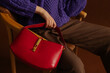 Autumn, winter fashion details. Close up photo of trendy red faux  leather bag, purse in elegant outfit. Woman wearing purple sweater, brown pants. Copy, empty, blank space for text