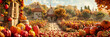 Autumn Home with Pumpkins and Garden, Seasonal Harvest and Halloween Cottage Illustration