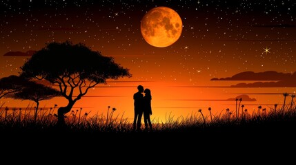 Wall Mural -  a man and a woman standing in a field at night under a full moon with a tree in the foreground.