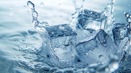 Wall Mural - Ice cubes falling into water with a splash on a blue background