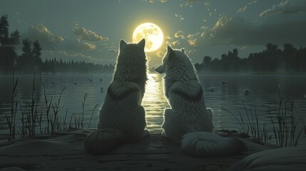 Wall Mural -  a couple of dogs sitting on top of a pier next to a body of water under a moon filled sky.