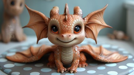 Wall Mural -  a close up of a toy dragon sitting on a polka dot covered surface with two small figurines in the background.