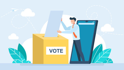 A tiny man votes through the phone, casts his vote into the ballot box. Smartphone with voting app on the screen. Vote ballot box. Election concept. Democracy, Freedom of speech. Flat illustration