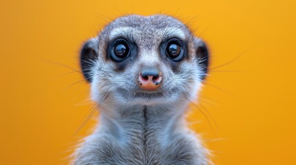 Wall Mural -  a close - up of a meerkat's face on a yellow background with a blurry background.