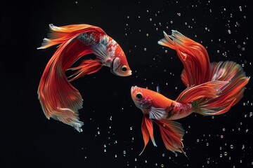 Wall Mural - Two electric red fish with carmine fins are gracefully swimming in a tank, their tails fluttering in the liquid against a dark background