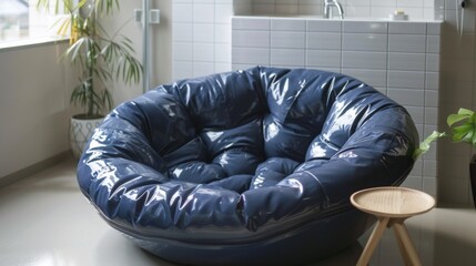 Sticker - A blue bean bag chair sitting in a bathroom next to the sink, AI