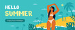 © Pandagolik - A banner template for a summer seaside holiday with the figure of a beautiful woman on the beach.