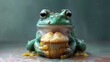  a green frog sitting on top of a muffin with eyes wide open and a muffin in its mouth.