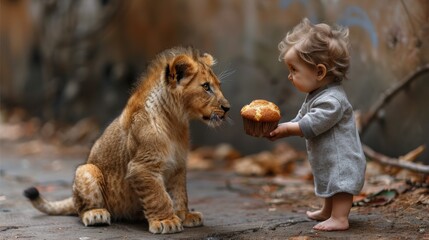  a small child feeds a lion cub a piece of bread in front of a wall with graffiti written on it.