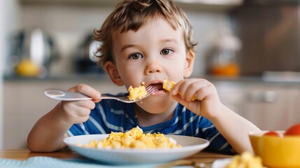 funny boy has Breakfast crumbled eggs alone with a spoon and make a mess, cute funny boy eating eggs by himself.