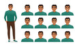 Young business man in green sweater with different facial expressions set vector illustration isolated