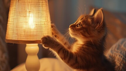 Canvas Print - A kitten is playing with a lamp shade on the bed, AI