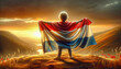 A child stands on a hill, the Dutch flag draped over shoulders, facing a breathtaking sunset.