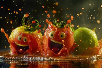 Animated tomatoes splashing in water - Two cartoon-like tomatoes with eyes and mouths splash dramatically in a water scene with droplets flying