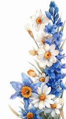 Poster - A bouquet of blue and white flowers on a white background, Spring flowers