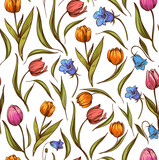 Fototapeta Pokój dzieciecy - Tulips, seamless vector pattern, botanical background, hand drawn, sketch, black outline, engraving style