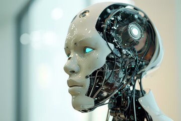 Poster - Polished Artificial steel robot head with cyber face. Digital futuristic fiction. Generate Ai