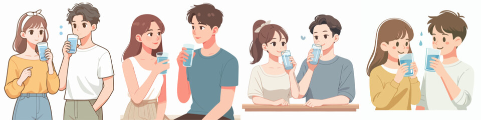 Wall Mural - People drink water vector illustration set