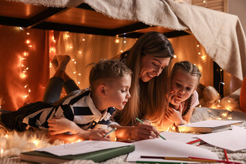 Poster - Mother and her children drawing in play tent at home