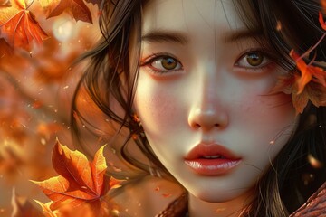 Thoughtful Asian girl autumn. Chinese park. Generate Ai