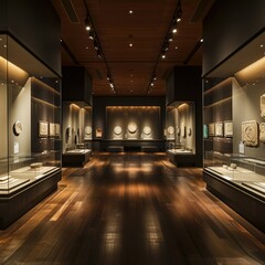 The ambient lighting of a modern museum gallery casts a warm glow over the varnished wooden floors and showcases, highlighting a diverse collection